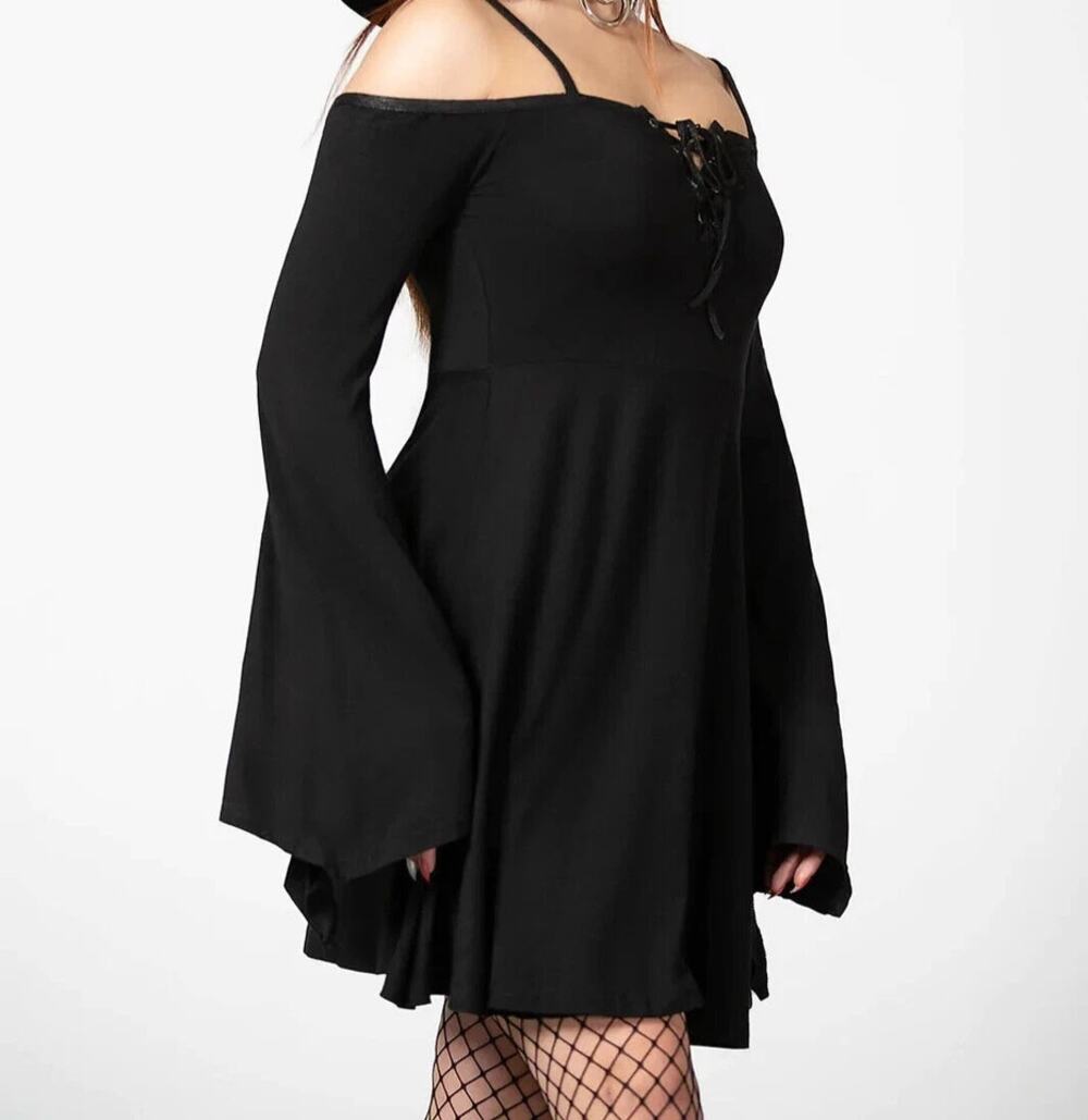Killstar 4th Dimension Gothic Mini Dress Womens L Black Cold-Shoulder Lace Up